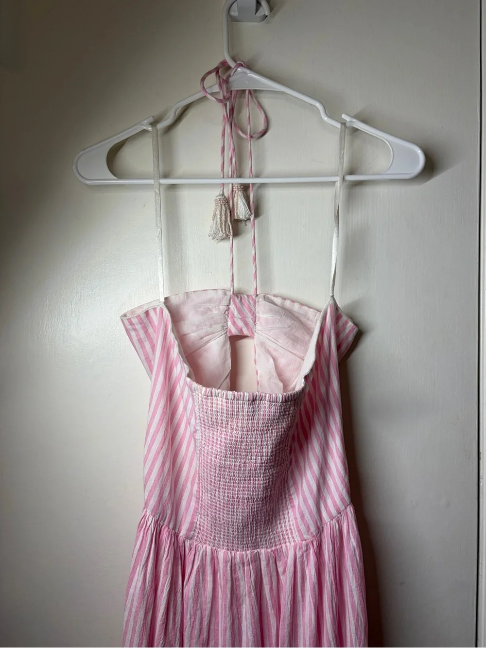 Tessora 100% Cotton Pink White Striped Preppy Cut Out Halter Maxi Dress Small - Picture 12 of 16